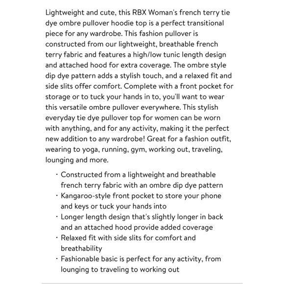 RBX $58 NWT Ombre Dip Dye French Terry Hoodie Lavender Hooded Top Shirt - Picture 7 of 7